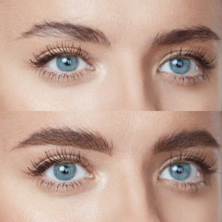 Beauty. Close Up Woman’s Eyebrows Before And After Microblading. Difference Between Female Brows With Lamination And Without Correction.